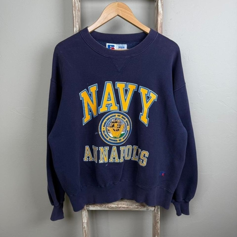 Vintage 90s Russell Athletic Navy Athletics Pullover Sweatshirt Large, USA